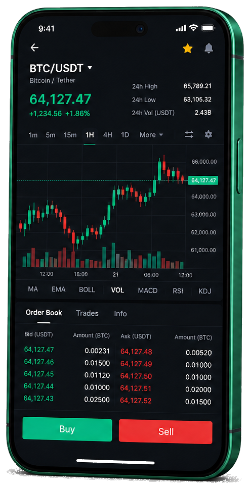 Plataforma MarValorivo para trading móvel — gráfico ao vivo BTC/USDT, livro de ordens e painel de compra e venda